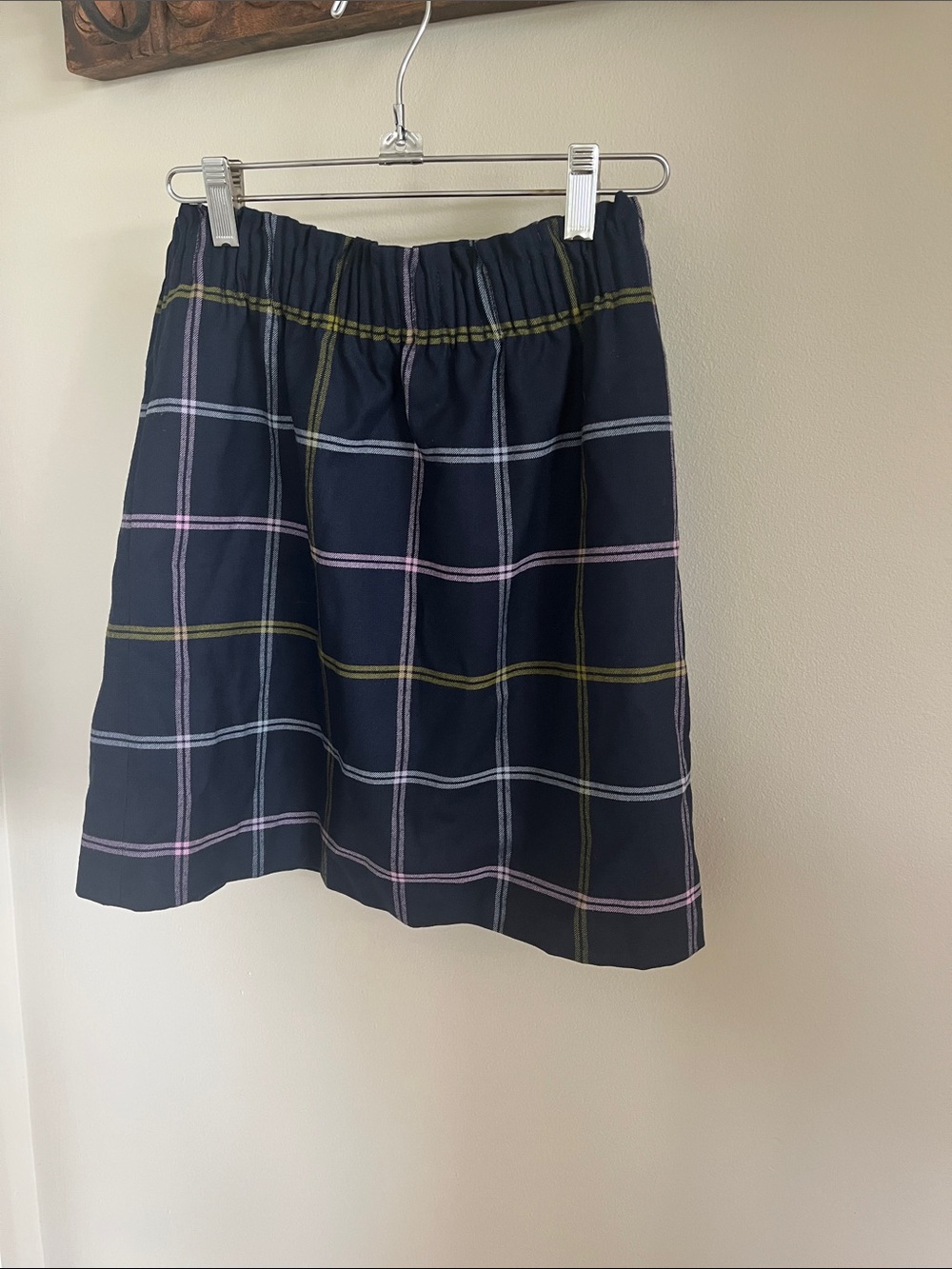 J. Crew Navy Plaid Elastic-Waist Skirt with Pastel Stripes